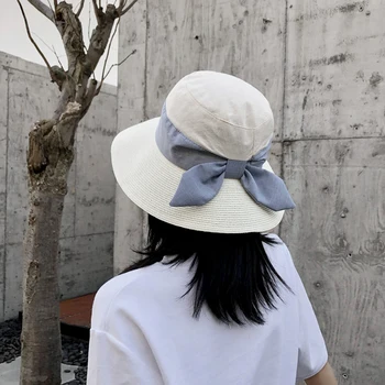 

Hat female summer stitching straw hat Japanese bow fisherman hat beach sunscreen sun hat outdoor