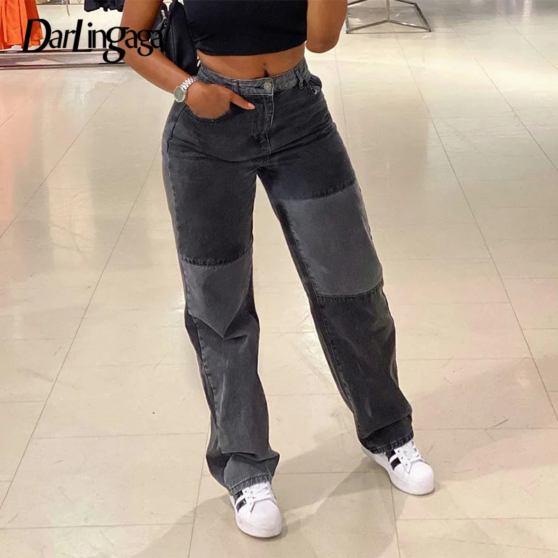 Darlingaga-ropa de calle de retales y2k para mujer, pantalones vaqueros rectos Harajuku de cintura alta, vaqueros de talla grande de los 90, pantalones largos de mujer