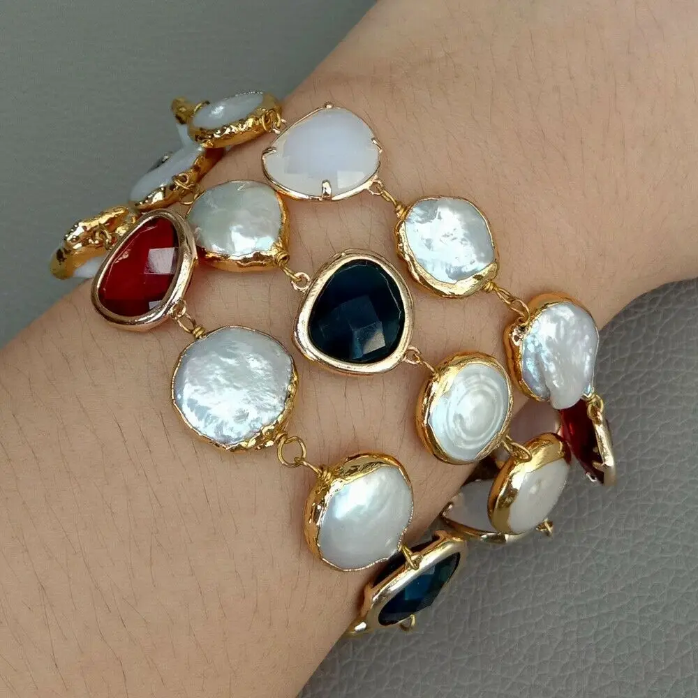 8" 3 Rows Cultured White Coin Pearl Golden Plated Crystal Connector Bracelet