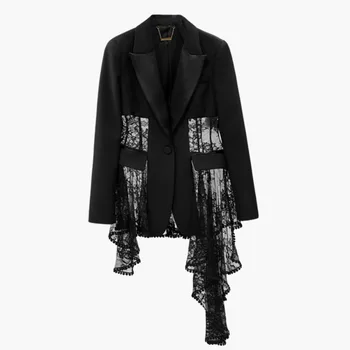 

XUXI 2020 New Fall Tie Long Sleeve Black Tights Split Joint Hollow Out Outerwear Women's Coat Tide FZ0426