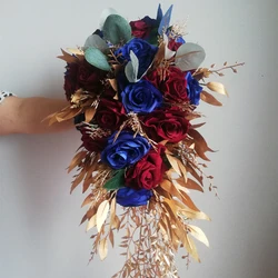 New Navy with Bugundy Rose Gold Leafs Waterfall Wedding Flowers Real Feel Flannel Rose Cascading Bridal Bouquet ramo de flores