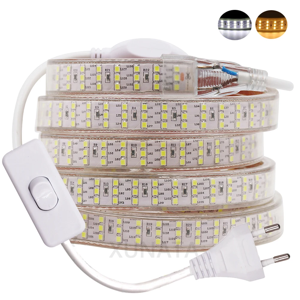 

220 В трехрядная Светодиодная светильник 276Les/m, SMD2835, гибкая светодиодная лента, водонепроницаемая светодиодная лента с диммером, декоративная вилка Европейского переключателя
