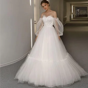 

Eightree A Line Tulle Princess Wedding Dresses Beach Off the Shoulder Long Puff Sleeves Bohomian Bridal Dress Vestido de novia
