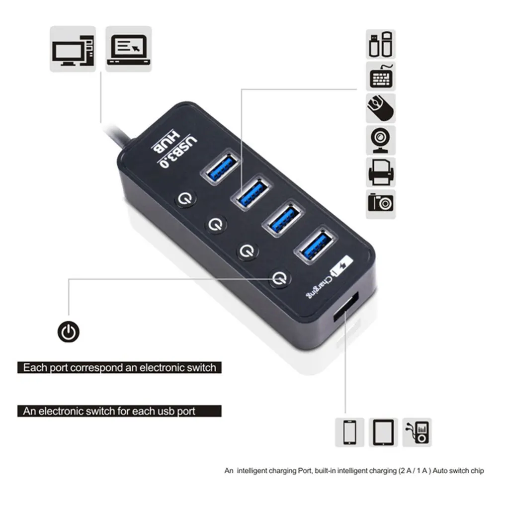 USB3.0 4 порта сплиттер светодиодные индикаторные лампочки переключатель телефон 2.4A/1A зарядный адаптер usb-концентратор короткого замыкания протектор