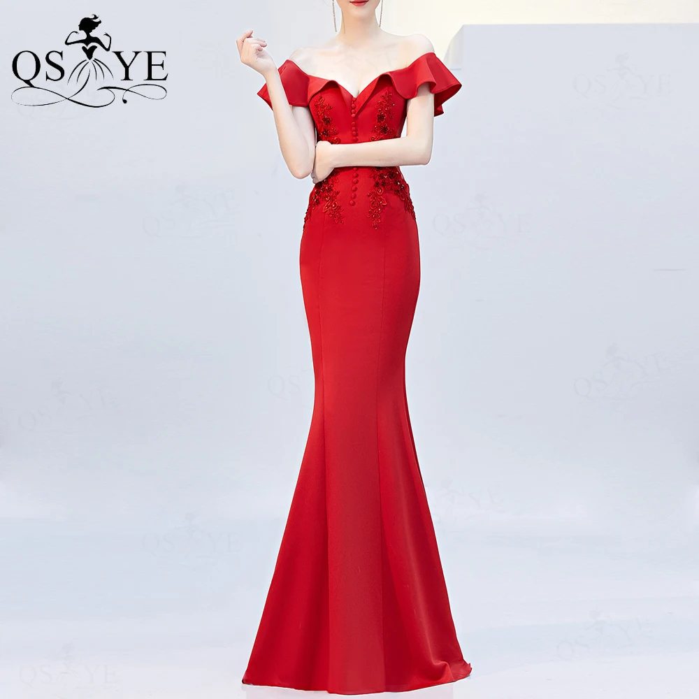 

Красное вечернее платье-Русалка с открытыми плечами, вечернее платье с аппликацией из бисера, официальное платье с рюшами и коротким рукавом, платье с пуговицами и вырезами на талии