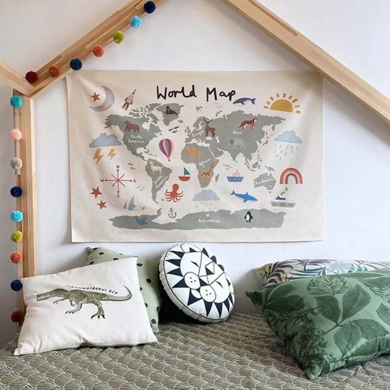 Póster decorativo con mapa del mundo para habitación de niños, arte nórdico, pintura de pared colgante