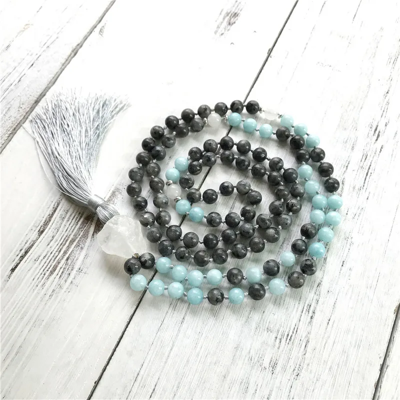 Natural Labradorite 108 Mala Bead Necklaces Meditation Mala Necklace Yoga Jewelry Tassel Necklace Hand Knotted Prayer Necklace