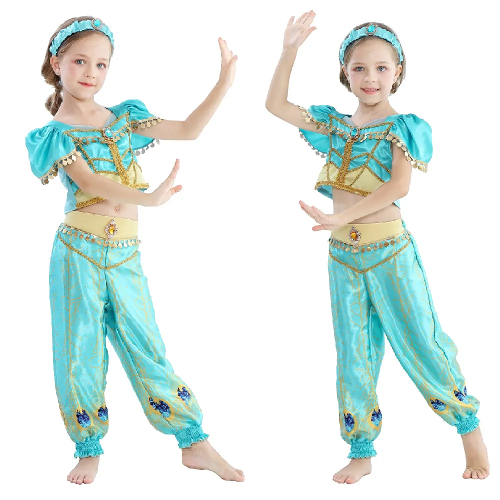 

Kids Princess Costume Arabian Jasmine Dress Up For Girls Child Halloween Aladdin Lights Cosplay Fancy Clothes Set