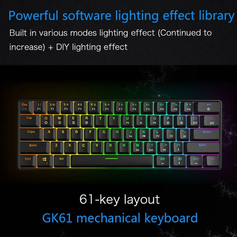 RGB светодиодный с подсветкой Проводная Механическая клавиатура, портативная компактная Водонепроницаемая мини игровая клавиатура с 61 клавишей Gateron Switchs для PC Mac