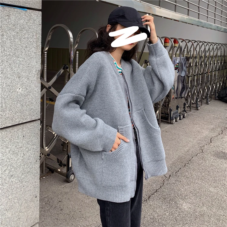Neploe осенне-зимний женский свитер кардиган Harajuku с длинным рукавом большого размера трикотажное пальто Корейская молния с круглым вырезом вязаная куртка 55413