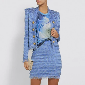 

New Fashion 2 Two Pieces Set Winter Sexy Tassel Button Bodycon Bandage Dress Celebrity Elegant Club Party Dresses Blue