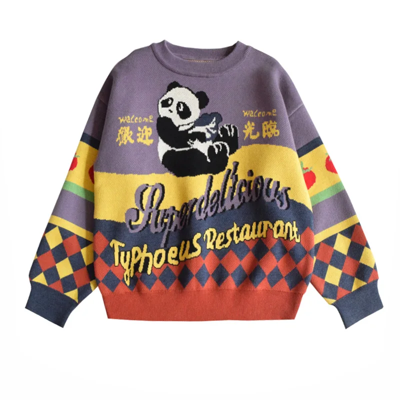 

Autumn And Winter WOMEN'S Dress Playful Retro Illustration Panda Sweater GIRL'S Students Loose-Fit Slimming Versatile Crew Neck