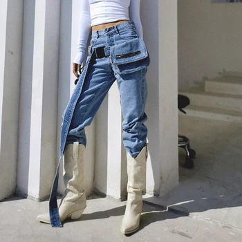

High Street Pocket Pocket Niche Personality Jeans High Waist Denim With Belt Loose Trousers Woman 2020 Spring 5D357