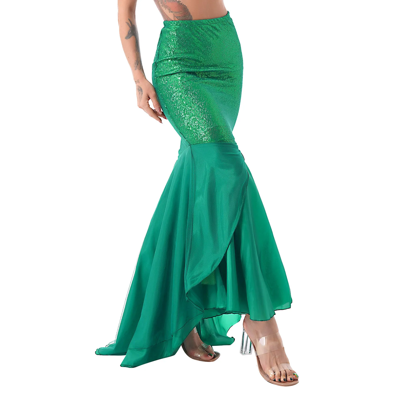 Women Ladies Shiny Sequined Mermaid Tail Skirt Party Photography Cosplay Costume Long Mermaid Tail Halloween Theme Party Dress 4
