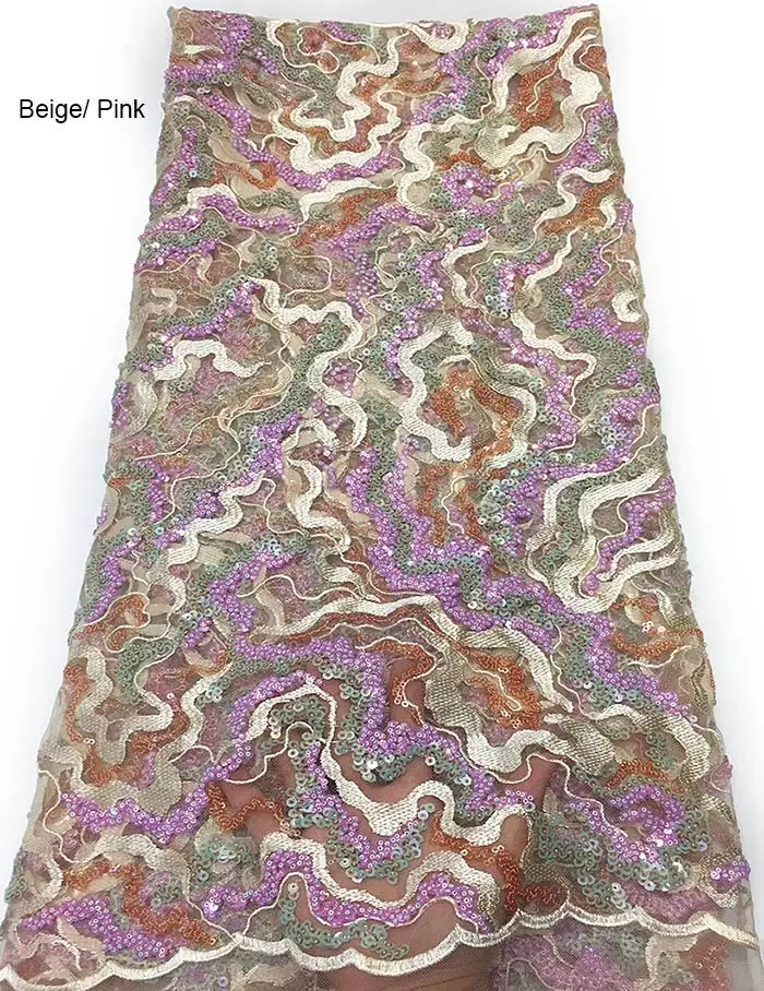 Beige Pink Великолепные цветочные блестки французское кружево высшего класса Африканский тюль чистая Кружевная Ткань 5 ярдов/шт блестящая уникальная горячая распродажа - Цвет: Beige Pink