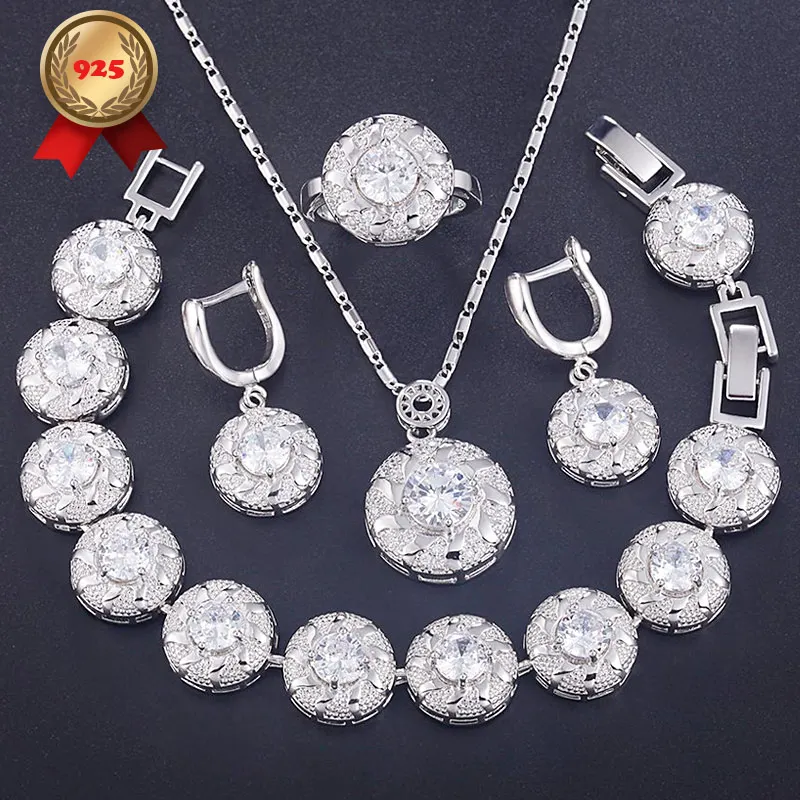 Trendy 2019 925 Silver Bridal Jewellery Women Bracelets Ring Sets Earrings Necklace For Wedding