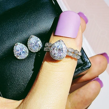 

Real 925 Sterling Silver pear zircon jewelry set Engagement ring stud earring for Wedding christmas Valentine's Day gift J5573