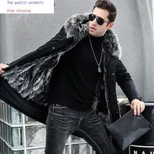 Мужская парка с натуральным мехом, зимняя куртка, Мужская натуральная подкладка из кроличьего меха Рекс, длинное пальто с воротником из лисьего меха, мужские парки 81884 KJ2733