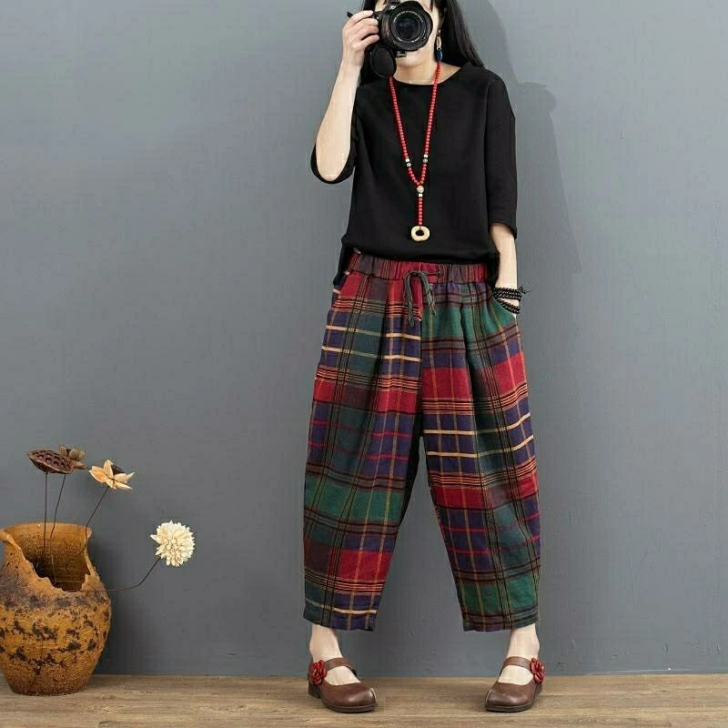 Preise Frühling Neue Kunst Stil Frauen Harem Hosen Elastische Taille Plaid baumwolle leinen Vintage Hosen Top qualität Lose Knöchel länge hosen D415