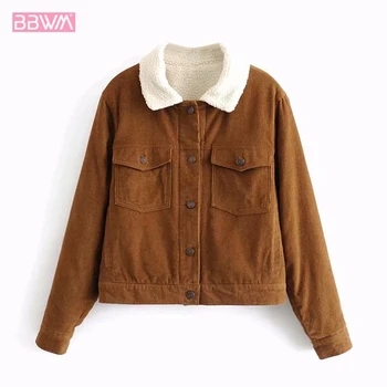 

Corduroy Lapel Long Sleeve Women's Jacket 2019 Winter New Style Korean Version Loose Plus Velvet Warm Female Jacket Harajuku Top