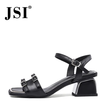 

JSI sandals woman casual genuine leather One type buckle design shoes woman square toe middle square metal heel sandals JO534