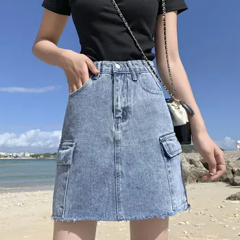 

Large Pocket Denim Skirt Women 2020 Summer High Waist Hong Kong Style Wild Loose A-line Skirt