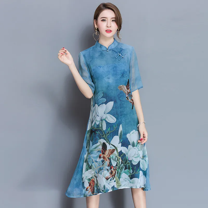 Винтажное платье Qipao с цветочным рисунком женские весенние летние тонкие