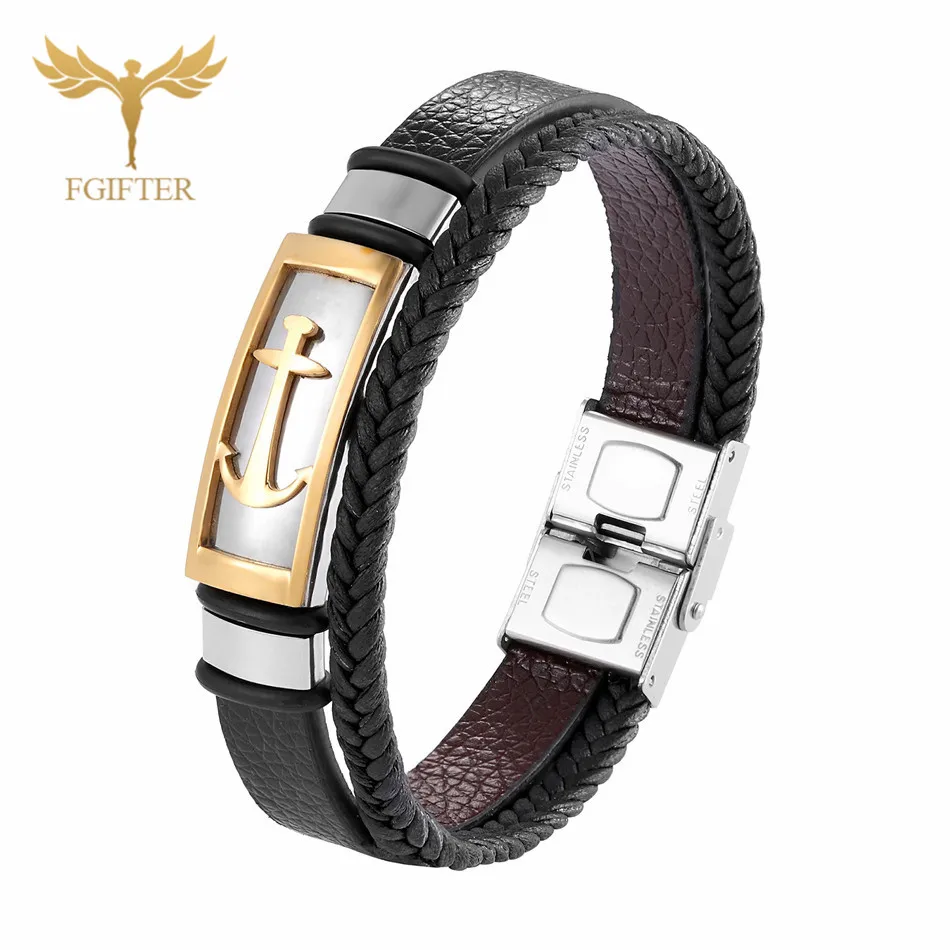 Gold Bracelet Кожаный браслет с якорем, мужские браслеты с подвесками из нержавеющей стали, многослойные кожаные браслеты, модные ювелирные изделия - Окраска металла: Gold Bracelet