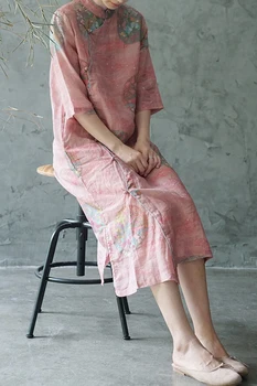 

Cheongsam dress female ramie high-end printed ethnic style retro buckle