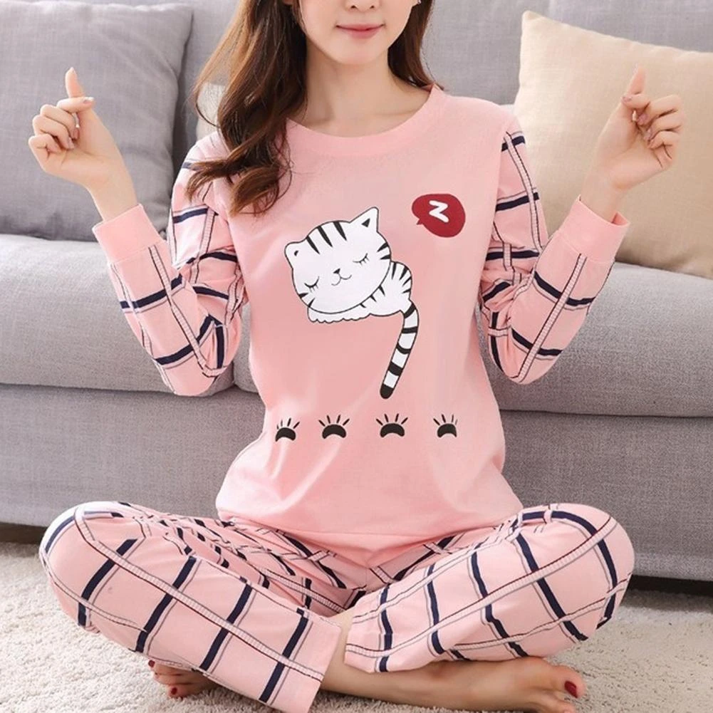 Winter Cute Cartoon Cat Print Pajama Set Women Two-pieces Long Sleeve Sleepwear women's short suit set
