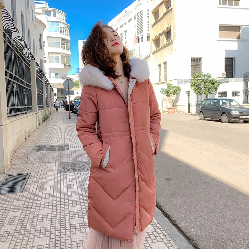 

2019 New Style Korean-style Cotton-padded Clothes Women's Mid-length Hooded Color Fur Collar Thick Slim Fit Waist Hugging Fashio