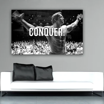 

CONQUER Motivational Quote Art Canvas Painting Arnold Schwarzenegger Bodybuilding Poster Modern Hd Print Wall Picture for Room