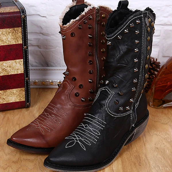 

Short Boots Martin Boots Rivet Embossed Cow Leather New Roman Fashion Sepatu Pointed Toe Ankle Genuine Leather Work & Safety Zip