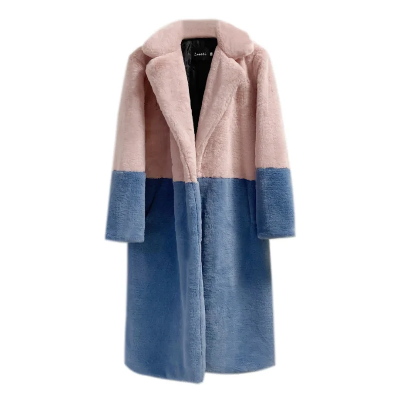 

Fashion Autumn Winter Female Loose Mink Velvet Faux Fur Stitching Long Coat Women Beautiful Color Spliced Suit Collar Girls Coat