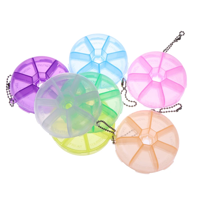 

1PC Round Folding Vitamin Medicine Drug Pillbox Travel Pill Box Storage Case With Chain RANDOM