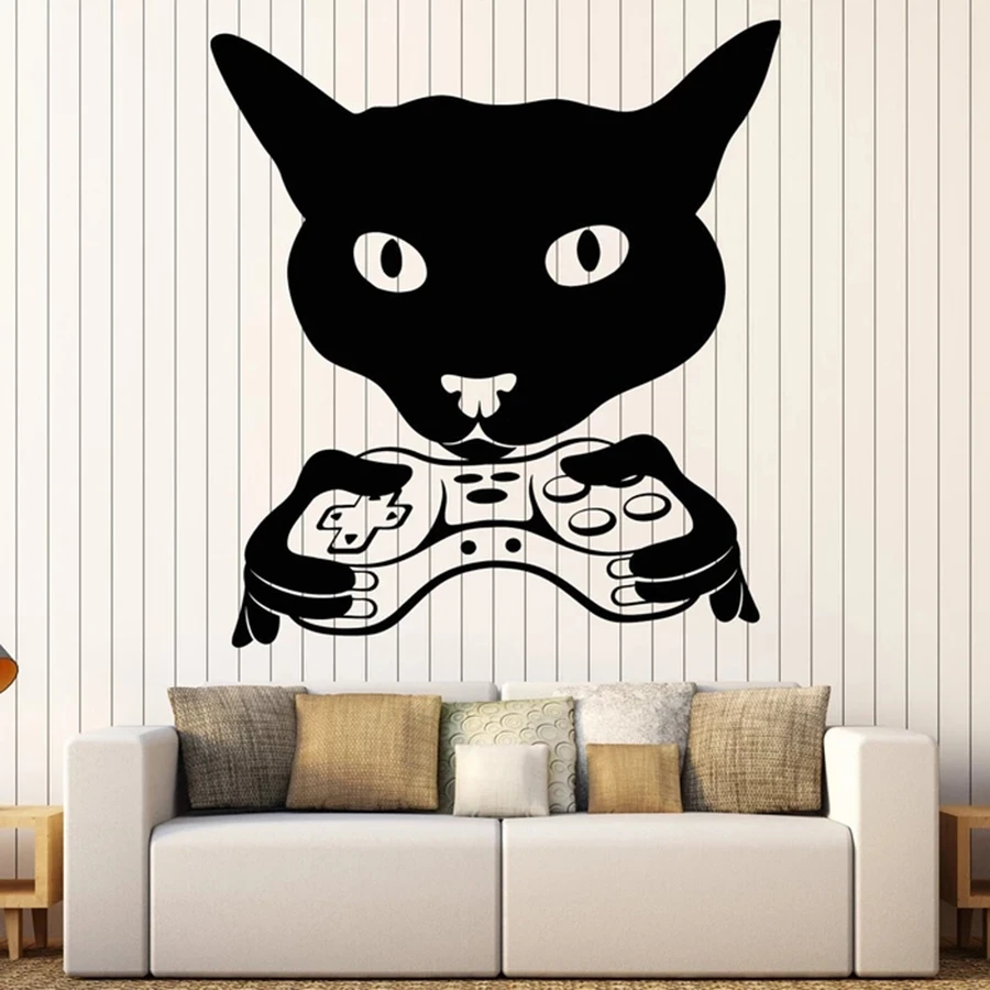 cheap Cat Head Wall Decal Gamer Joystick Video Game Room Kids Bedroom Nursery Interior Decor Vinyl Window Stickers Creative Mural M166