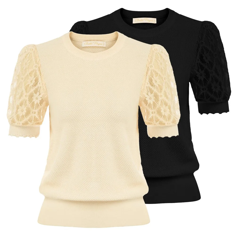 Belle Poque-Camiseta de manga corta de encaje para mujer, ropa con cuello redondo, dobladillo acanalado ancho, Retro, de punto