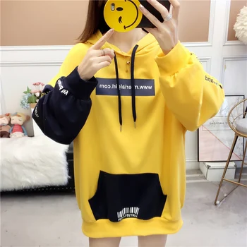 

Hip Hop Oversize Letter Printed Leisure Hoody Women Hooded Patchwork Drawstring Knitted Cotton Loose Sweatshirt Jumper Tracksuit
