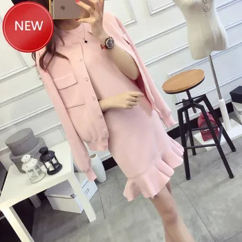

Women Knitted Coats+Fishtail Dress 2020 Autumn Sets Knitting Solid Coat and Ruffles Mermaid Dresses Set for Ladies Woman