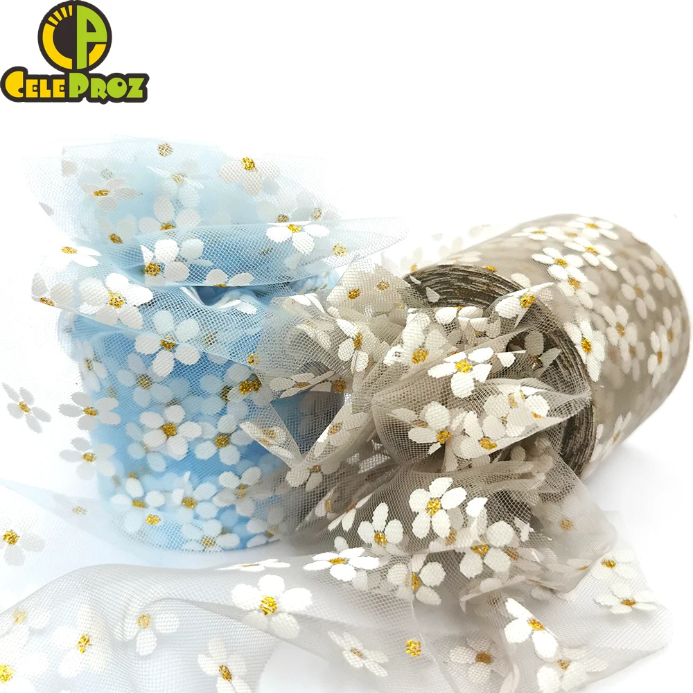 Ribbon Supplies 6cm 25Yards Floret Tulle Daisy Ribbon Roll DIY Handmade Craft Hair Ornament Baking Cherry Blossoms Printed Mesh Fabric Supplies