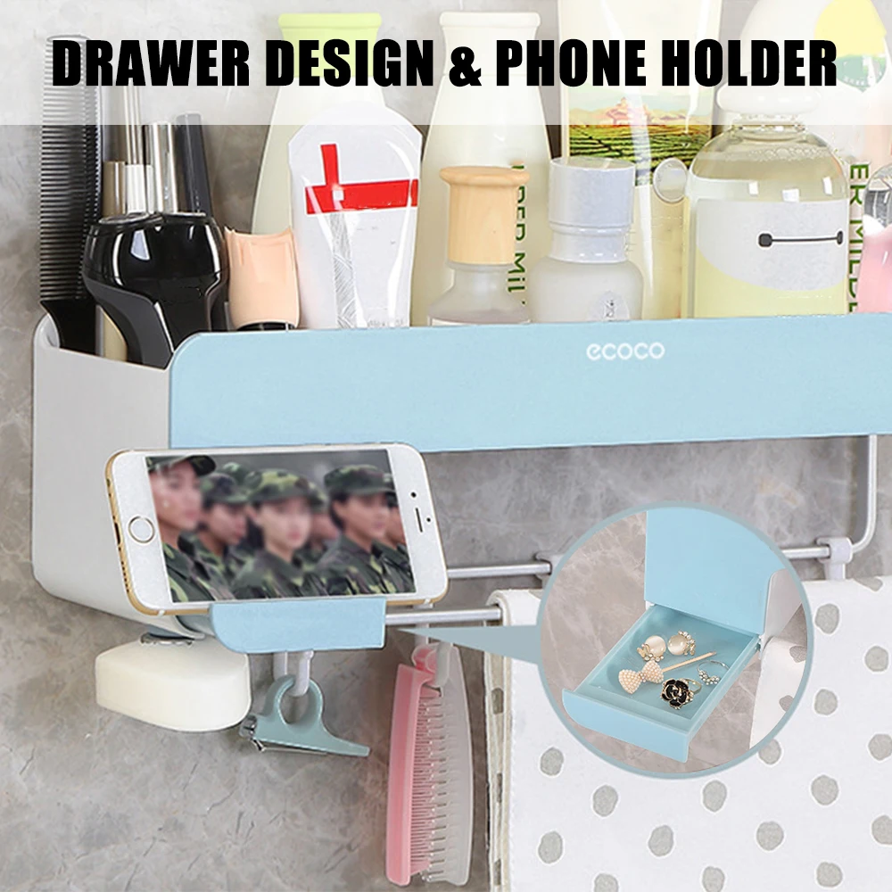 

ECOCO Wall-Mounted Shampoo Holder With Hook Towel Bar Bathroom Storage Rack Bathroom Storage Shelf Kitchen Bathroom Organizer