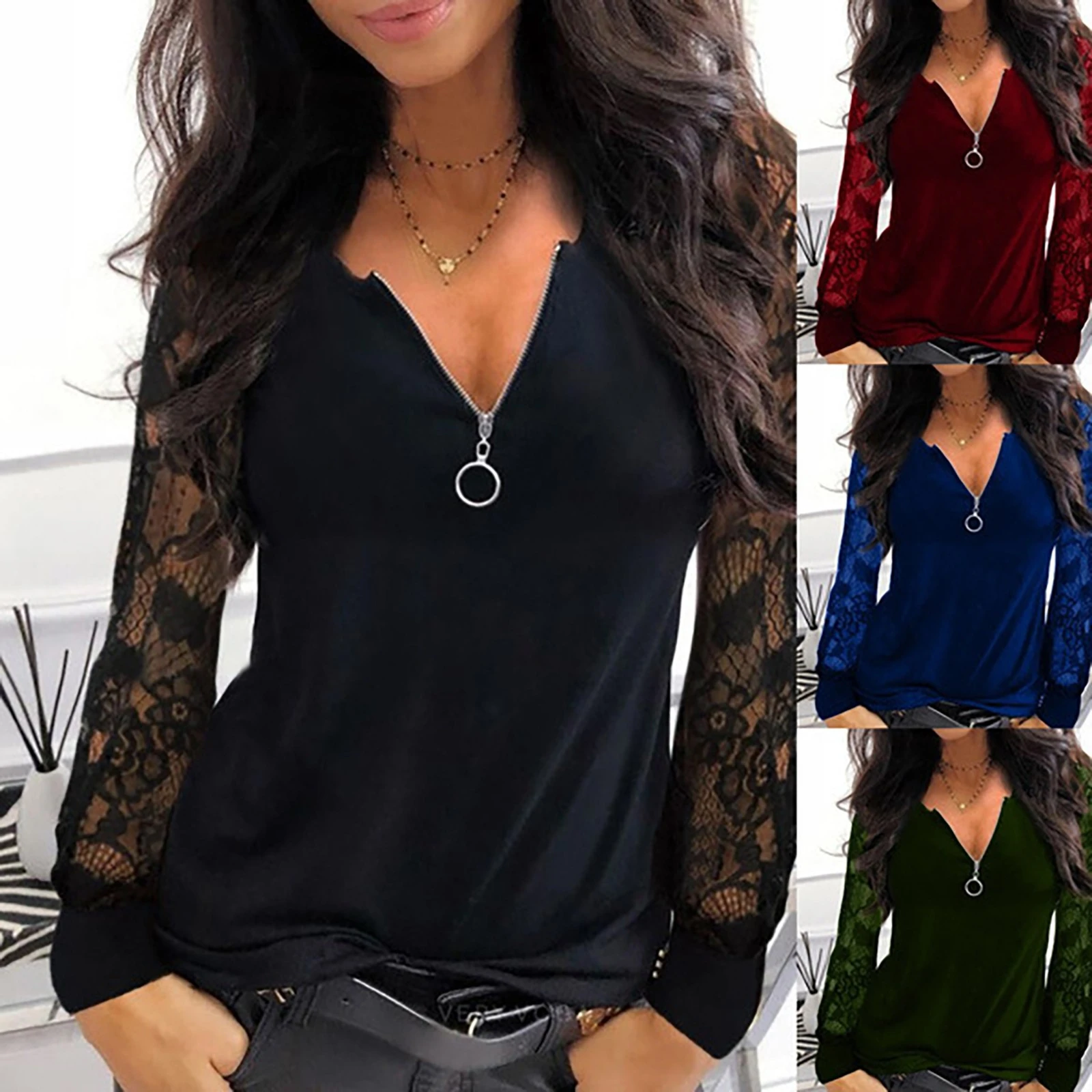 Fashion Lace Mesh Blouse Shirt Loose Sexy Zipper V-Neck Tops Winter Casual Ladies Tops Female Women Long Sleeve Blusas Pullover long sleeve blouse