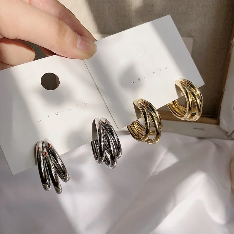 Металлические серебряные металлические круглые серьги, модные простые ретро панковские многослойные металлические кольца, серьги для женщин, ювелирные изделия, подарки