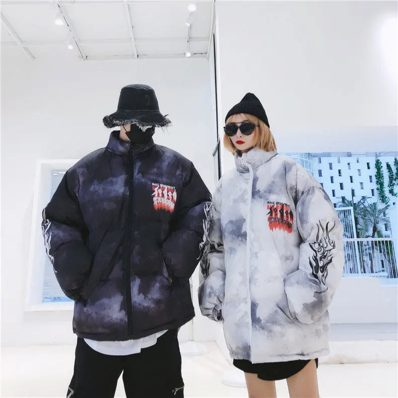 GONTHWID Creative Graffiti Ink Tie Dye Print Parka Jackets Streetwear Hip Hop Hipster Punk Rock Cotton Padded Puffer Parkas Coat