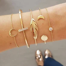 5 шт./компл. простой перо sun moon открытие браслет для женщин Европа и Америка инкрустированные цирконие геометрические браслеты для женщин