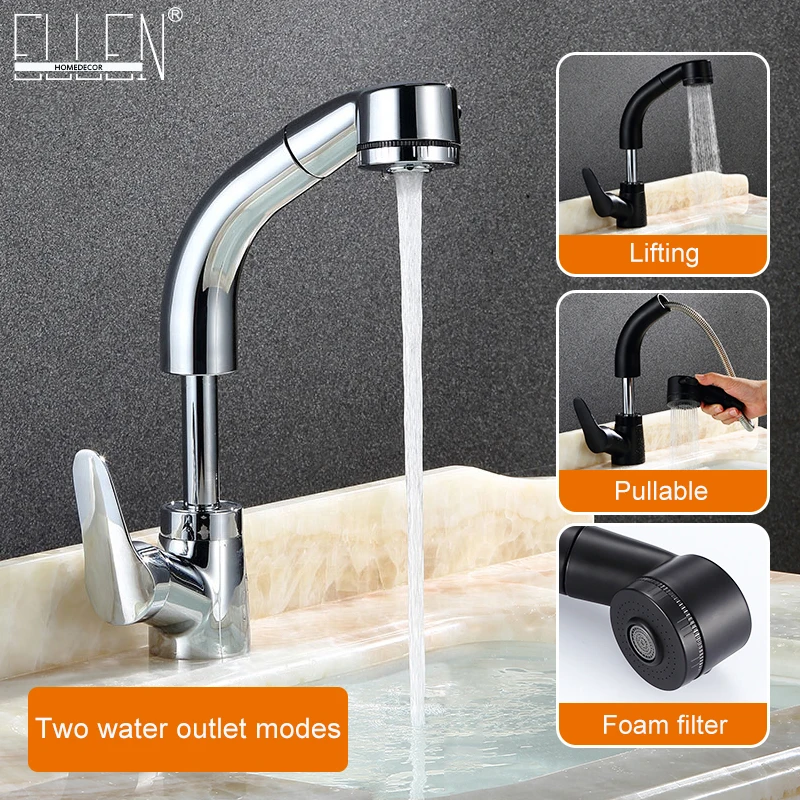 Pull Out Bathroom Sink Faucet Hot and Cold Water Mixer Crane Lift Up and down Chrome Finished 360 Degree Water Mixer Tap ELF106