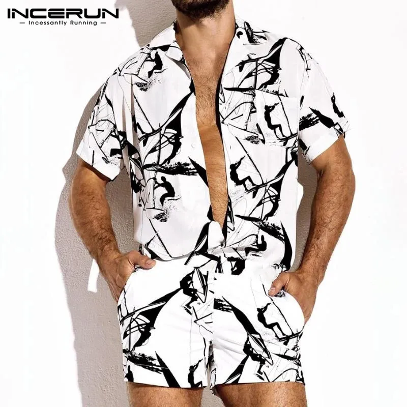 Casual Men Jumpsuits Rompers Shorts Playsuits-Button Streetwear-Printing INCERUN Beach