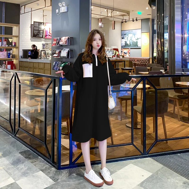 

Stand Collar Hoodie 2019 New Style Women's Mid-length Spring Autumn Winter Korean-style Loose Casual Thin Fashion Dress plus Vel