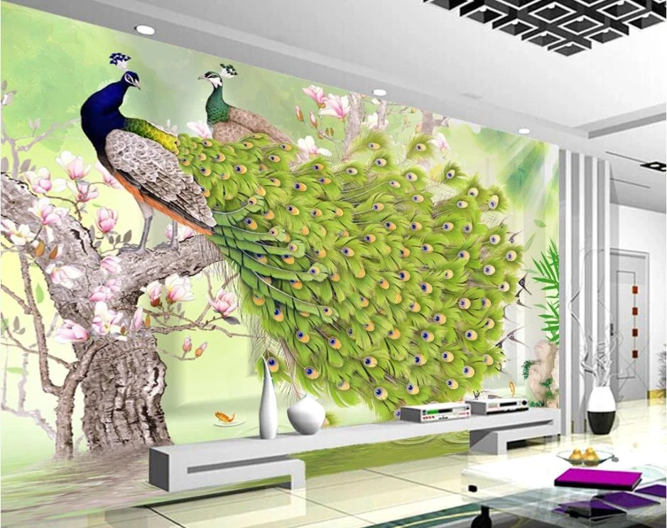 現代の壁紙リビングルーム中国絵画緑孔雀豊富な花と鳥孔雀壁紙 壁紙 Aliexpress