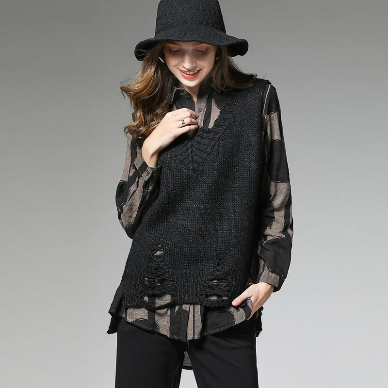 Fashion Tide New Fashion Trend V-neck Hole Sequined Knit Vest All Mtach Loose Women Pullovers Solid Color Leisure AI999 - Цвет: black
